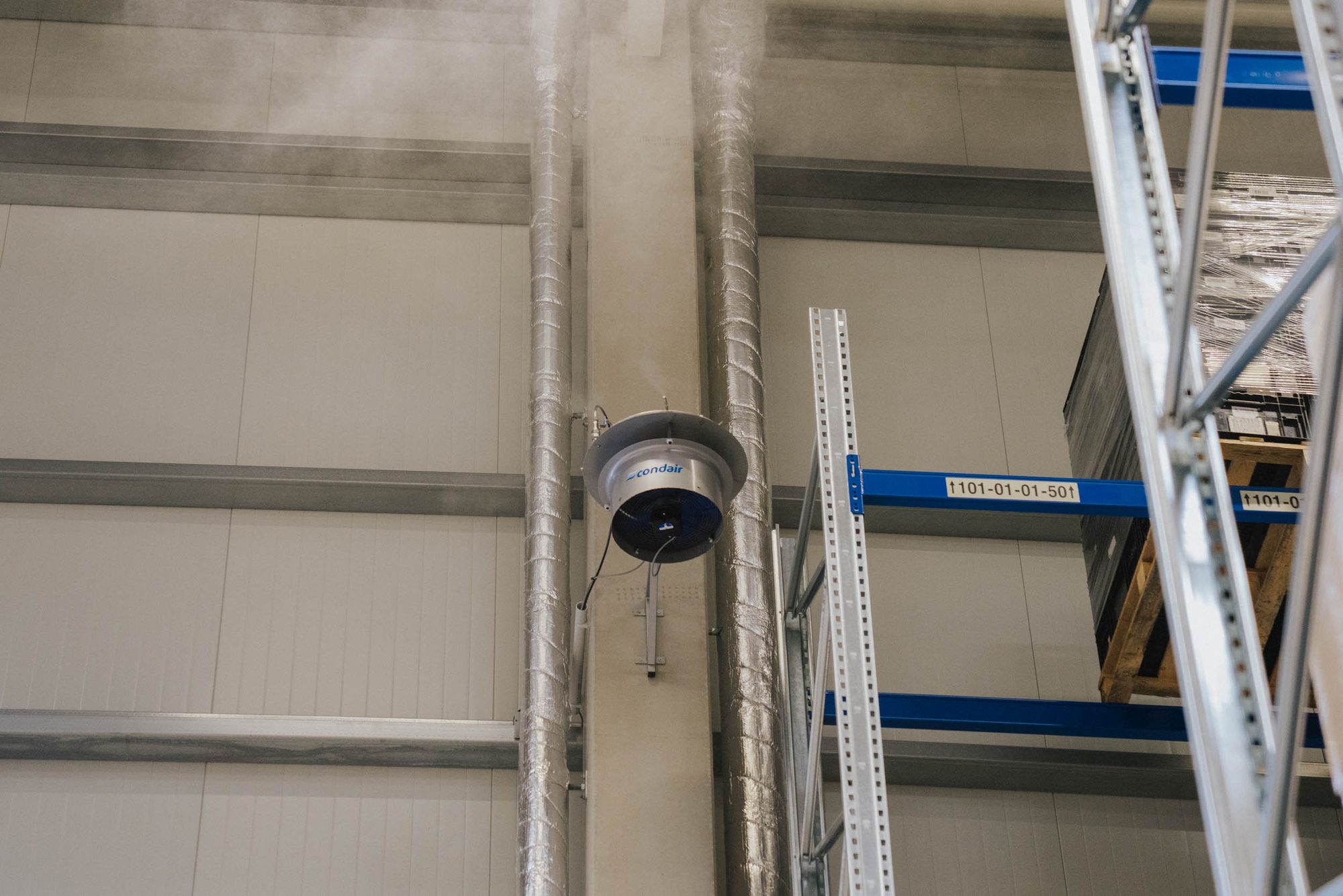 Air humidifier above the racking for climate-controlled storage