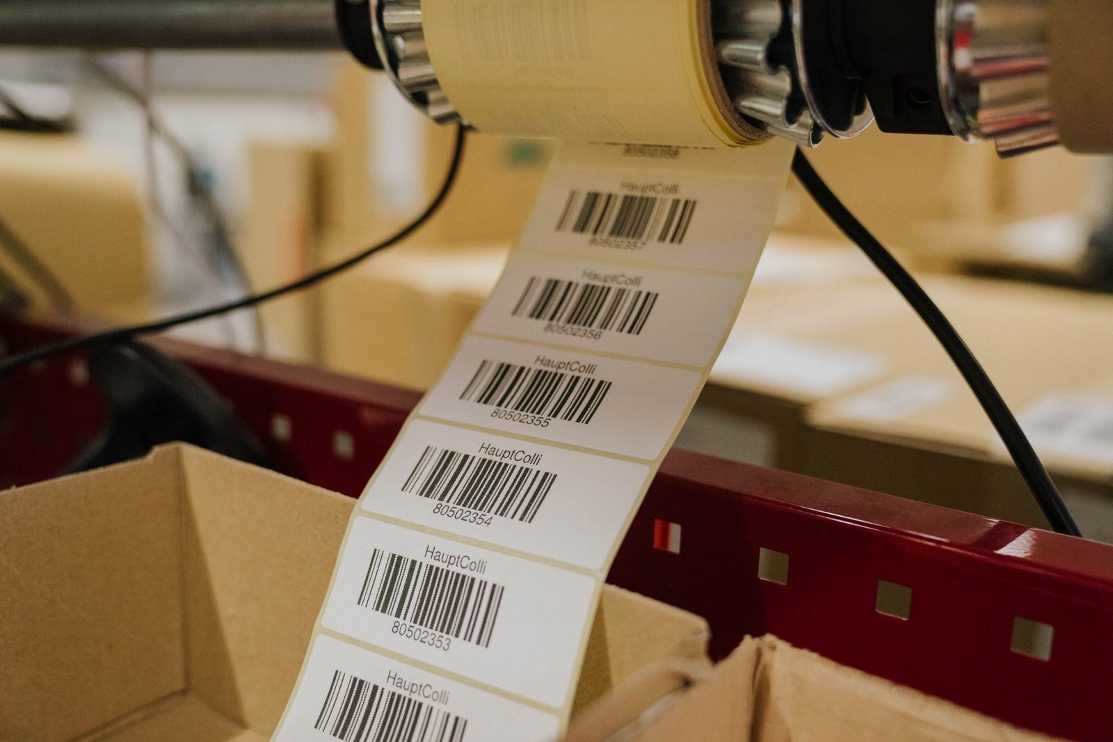 A label roll at the printing station where the markings are produced.