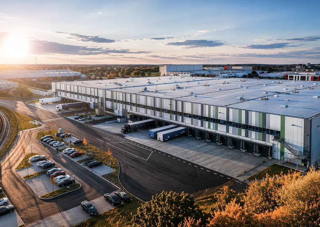 Luftaufnahme eines modernen Logistikzentrums mit Lagerhalle, Laderampen und mehreren Lkw