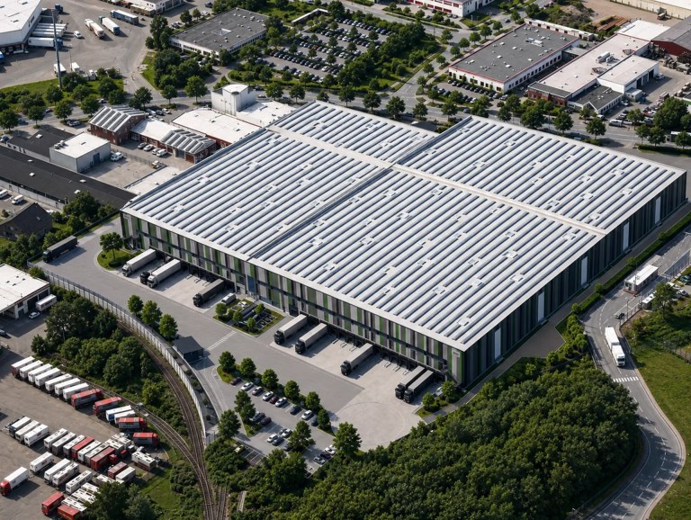 Visualisierung des nachhaltigen Multi-User-Logistikzentrums der WM GROUP in Bocholt mit Lagerhalle, Laderampen und Lkw